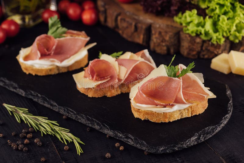 Bruschetta Set with Parma Ham and Parmesan Cheese Stock Image Image