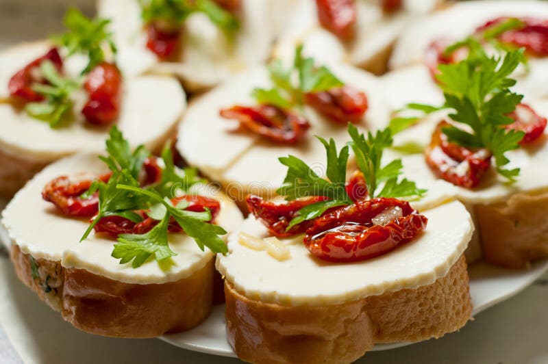 Bruschetta with Sun Dried Tomatoes and Mozzarella Stock Photo Image