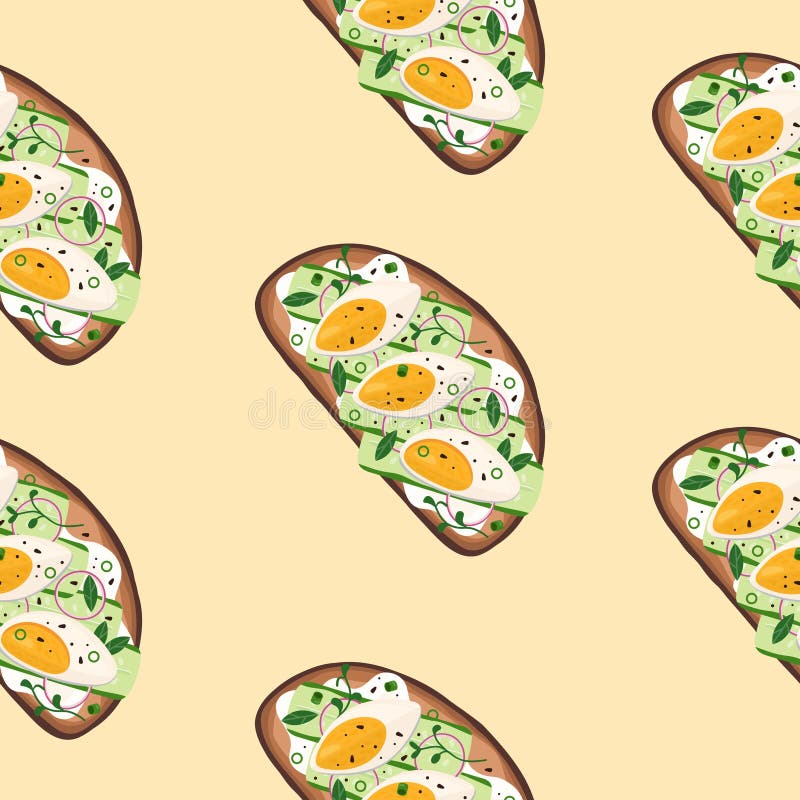 Bruschetta with boiled eggs and cucumber seamless pattern. Toast with cucumbers, eggs, onion and greenery. Healthy food, eating, cooking, recipes, restaurant menu. Sandwich top view. Vector background. Bruschetta with boiled eggs and cucumber seamless pattern. Toast with cucumbers, eggs, onion and greenery. Healthy food, eating, cooking, recipes, restaurant menu. Sandwich top view. Vector background