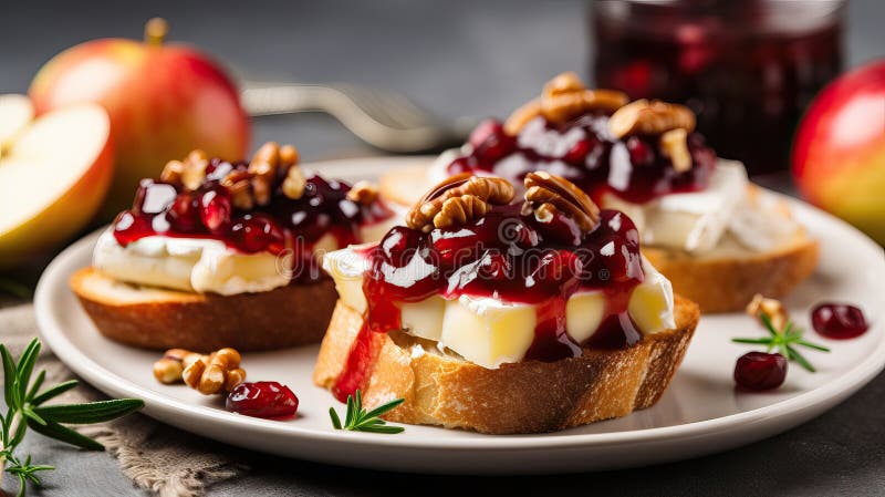 Bruschetta z serem chałupniczym sosem żurawinowym i orzechami włoskimi generatywna ilustracja ai