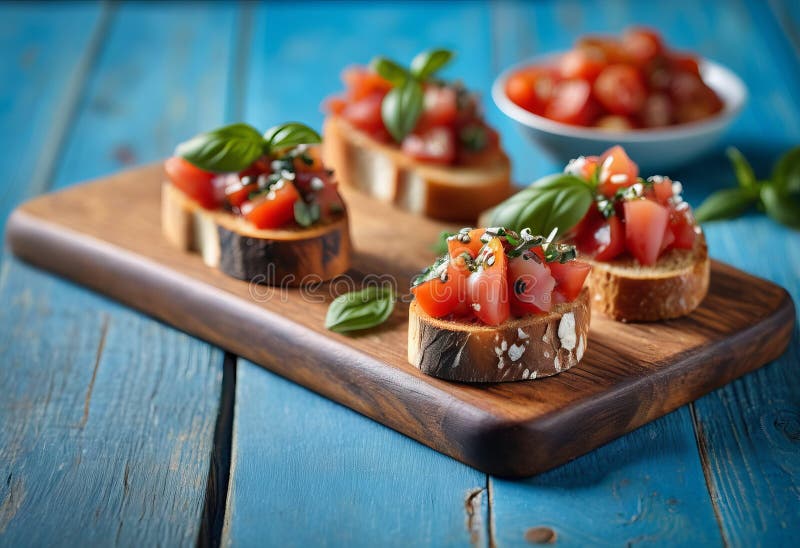 Bruschetta με βασιλικό ντομάτας και σκόρδο σε ξύλινο φόντο με μπλε φόντο. φωτογραφία φαγητού από bruschetta με βασιλικό τομάτας και σκόρδο σε ξύλινο φόντο με μπλε φόντο