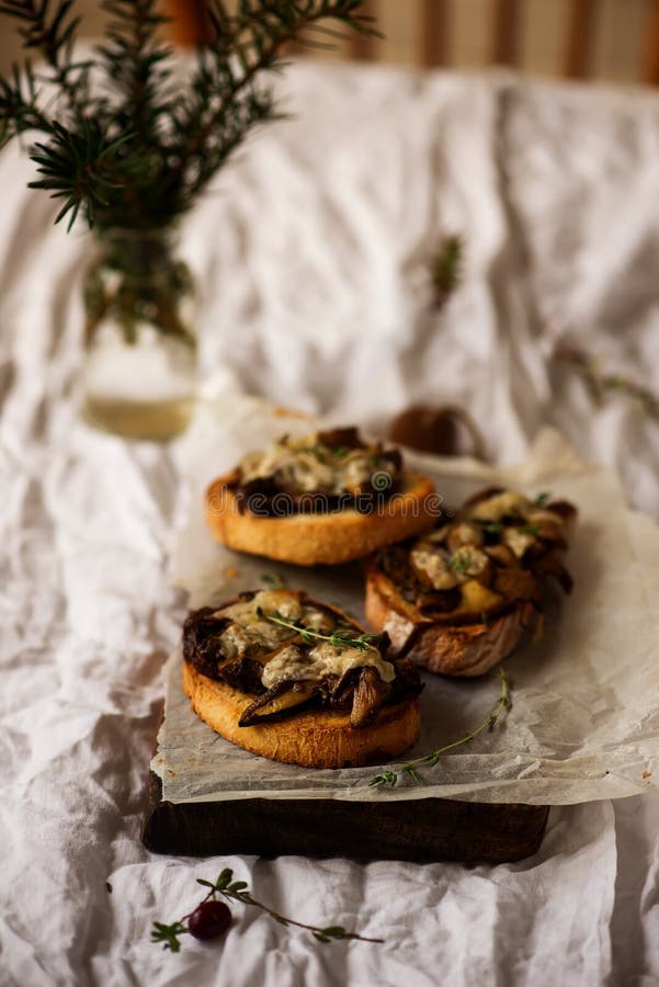 Bruschette avec le champignon sauvage Vintage de style photos stock Bruschette avec le champignon sauvage Vintage de style photos stock