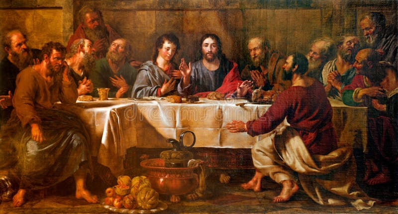 BRUSELAS - 21 DE JUNIO: Pintura de la última cena de Cristo en San Nicolás imagen de archivo libre de regalías BRUSELAS - 21 DE JUNIO: Pintura de la última cena de Cristo en San Nicolás imagen de archivo libre de regalías