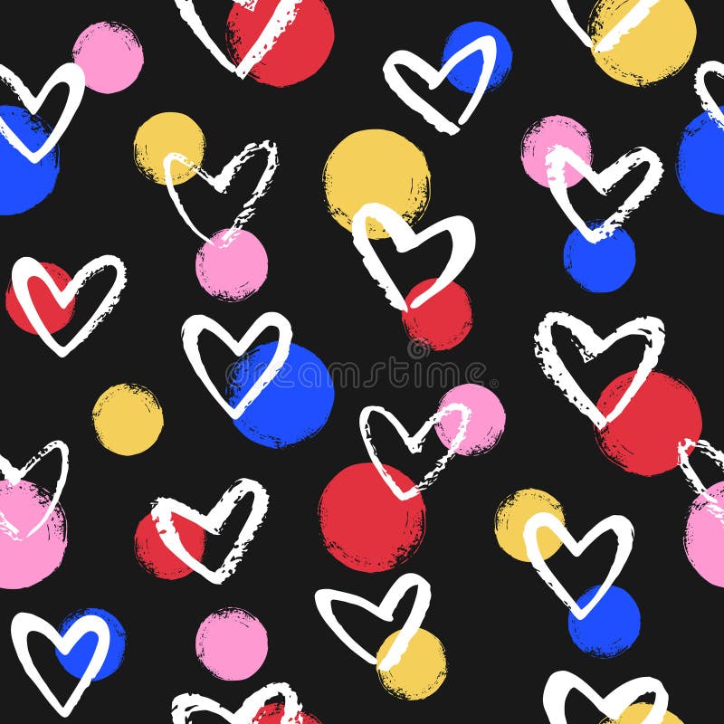 Brush drawn hearts and colorful circles seamless pattern royalty free illustration