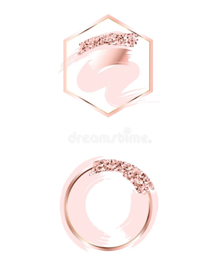 Brush strokes in gentle pink tones. Gentle pastel colors. Rose gold frame circle and hexagonal frame. Abstract vector background. Pin royalty free illustration