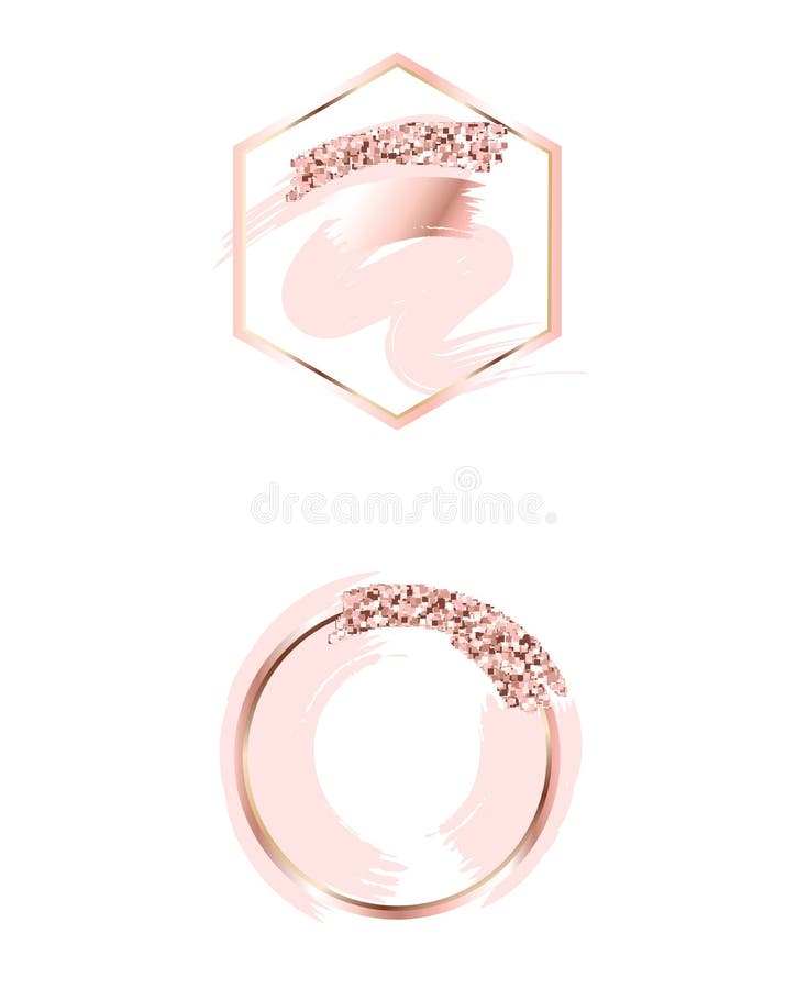 Brush strokes in gentle pink tones.Gentle pastel colors.Rose gold frame circle and hexagonal frame .Abstract vector background.Pin