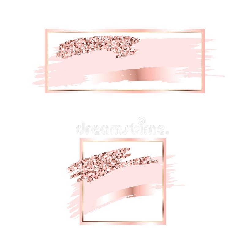 Brush strokes in gentle pink tones.Gentle pastel colors.Rose gold frame.Abstract vector background.Shiny golden lightning.Pink spa