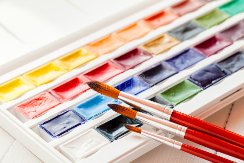 Brushes for water color painting and set of watercolor paints royalty free stock photo Brushes for water color painting and set of watercolor paints royalty free stock photo
