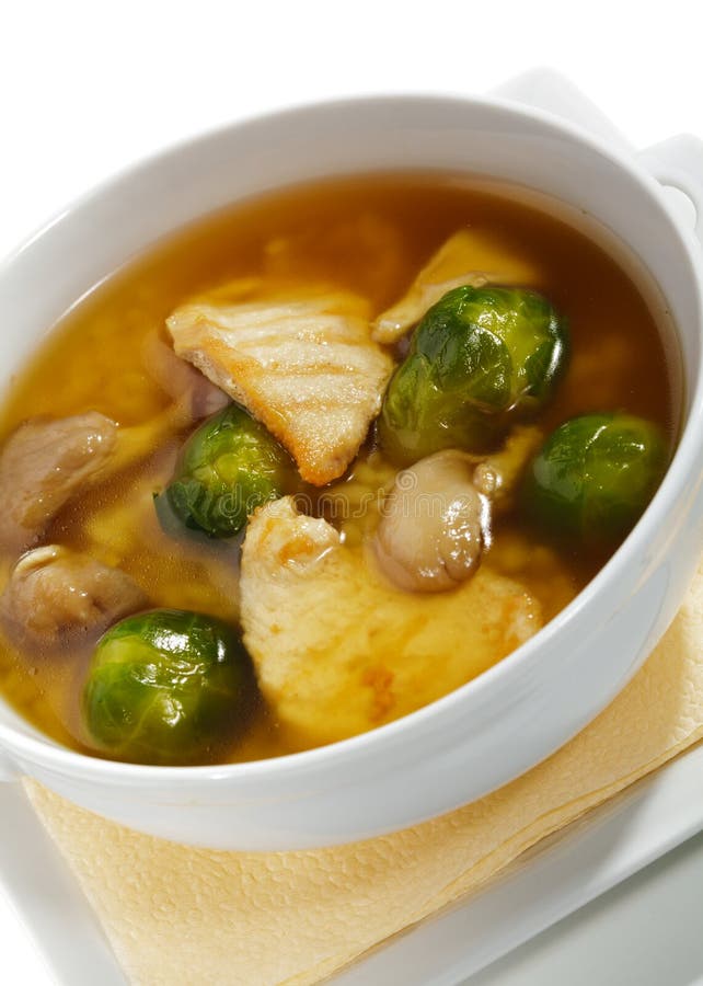 Brussel Sprout Soup with Mushrooms, Chicken Fillet. Chicken fillet vegetable soup stock images, royalty-free photos and pictures