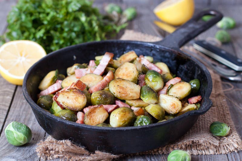 Brussel Sprouts with Ham in a Pan Stock Photo Image of fragrant