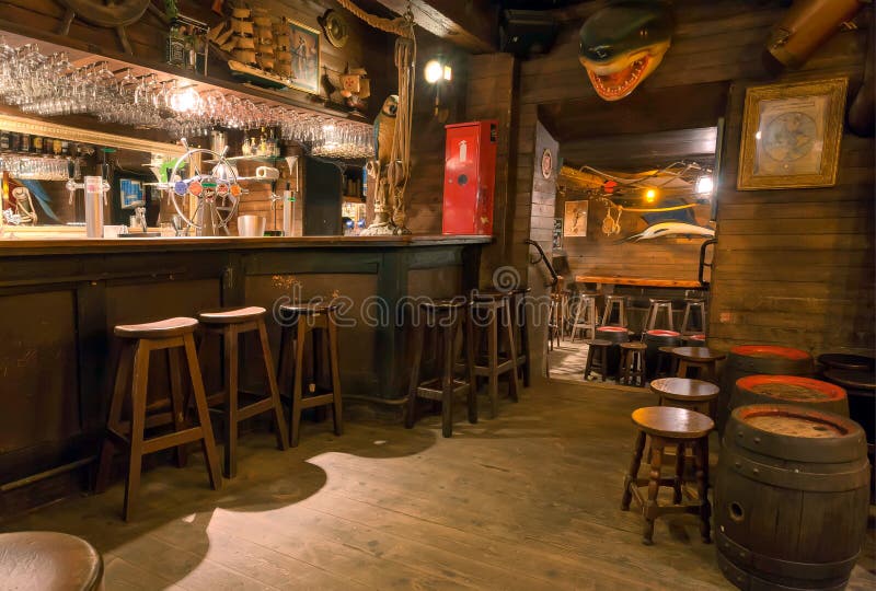 Empty Bar with Old Wooden Furniture, Pirate Themes Decor, Pub Counter and  Barrels with Wine Editorial Photo - Image of chair, edison: 115003476