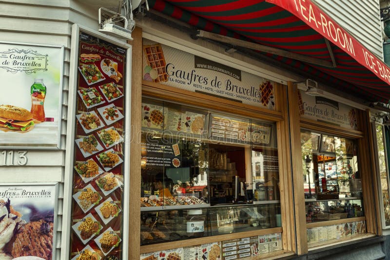 Brussels, Belgium, 10/14/2019 Facade of a Cafe with Brussels Waffles