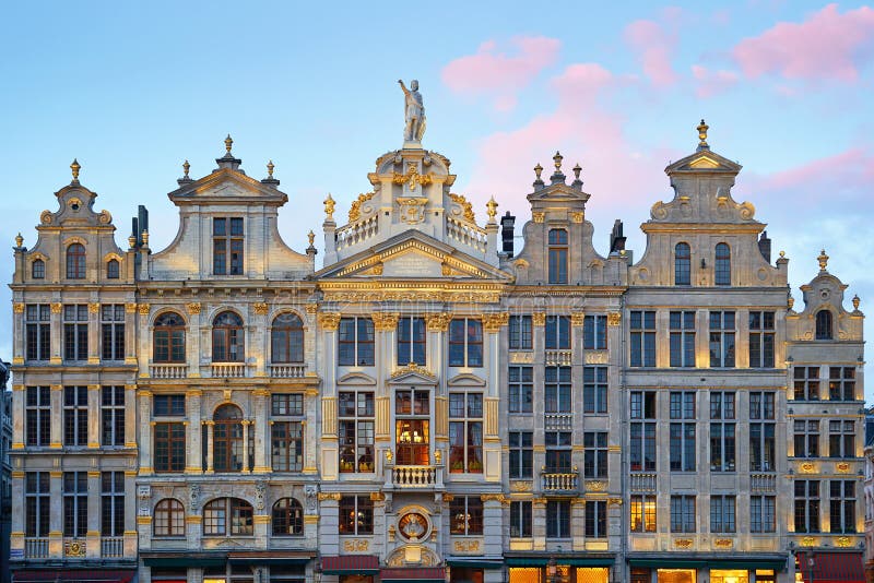 Brussels Grand Place, north-east part. Sunset evening view of row of old beautiful stone buildings facades. Lots of stock images Brussels Grand Place, north-east part. Sunset evening view of row of old beautiful stone buildings facades. Lots of stock images