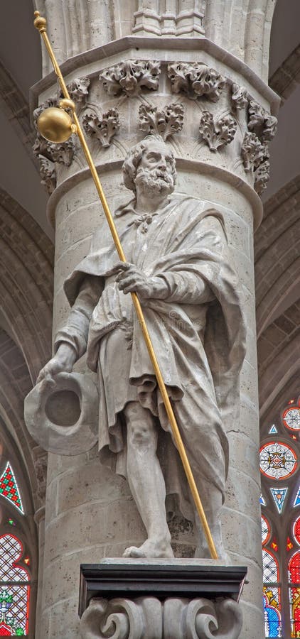 Brussels - Statue of st. Jacob the apostle by Lucas e Faid Herbe (1644) in baroque style from gothic cathedral of Saint Michael an