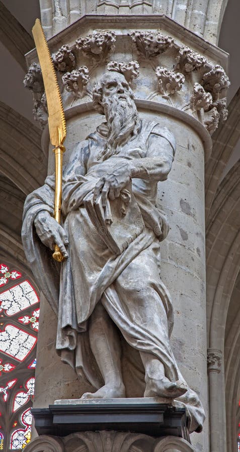 Brussels - Statue of st. Simon the apostle by Lucas e Faid Herbe (1644) in baroque style from gothic cathedral of Saint Michael an