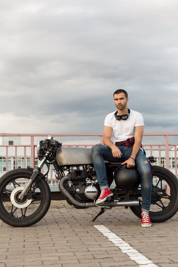 Brutal Man Sit on Cafe Racer Custom Motorbike. Stock Photo - Image of ...