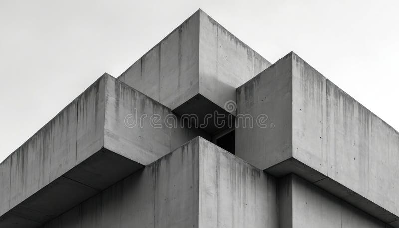 Brutalist architecture features geometric concrete building. Contemporary design exhibiting structural shapes, patterns, textures stock photos
