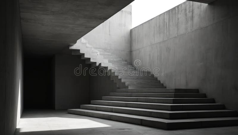 Brutalist interior with interplay light shadow. Staircase made of concrete. Minimalist monochrome architecture, geometric forms,