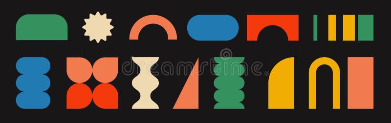 Brutalistyczne geometryczne kolorowe kształty. zbiór abstrakcyjnych minimalnych elementów geometrycznych kształtów. proste element royalty ilustracja