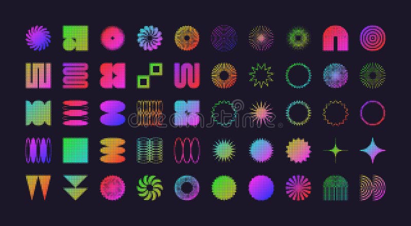 Brutalistyczne geometryczne kształty współczesnych symboli z efektem półtonowym. kolorowe neon proste pierwiastkowe elementy i for ilustracji