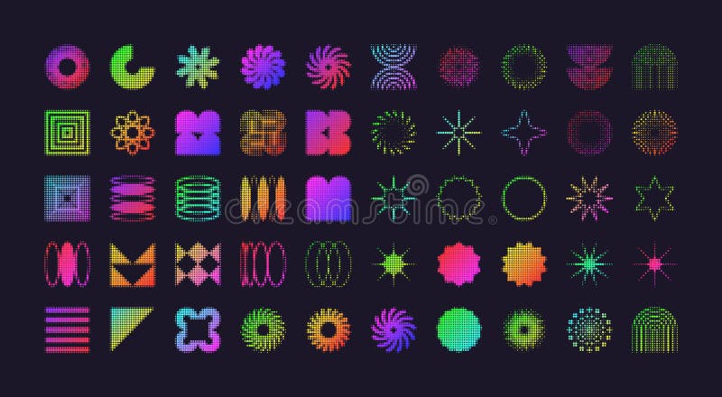 Brutalistyczne geometryczne kształty współczesnych symboli z efektem półtonowym. kolorowe neon proste pierwiastkowe elementy i for royalty ilustracja