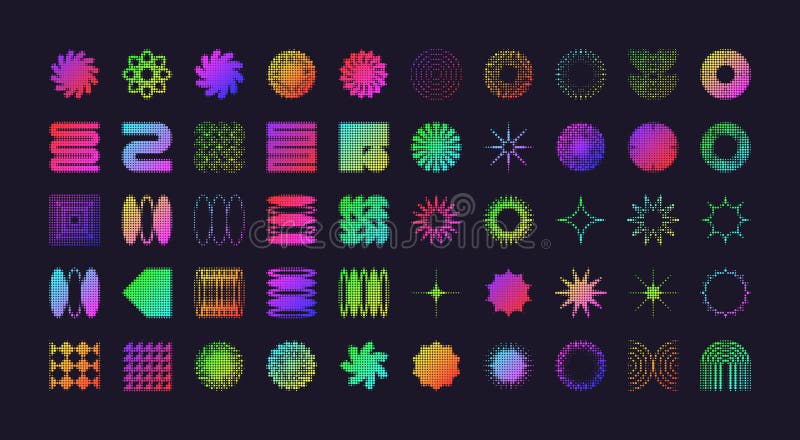 Brutalistyczne geometryczne kształty współczesnych symboli z efektem półtonowym. kolorowe neon proste pierwiastkowe elementy i for royalty ilustracja