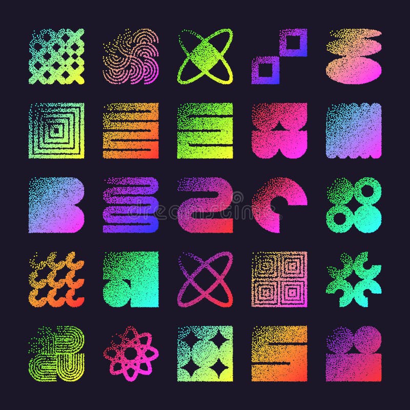 Brutalistyczne kształty geometryczne kropkowane obiekty. elementy stylowe nowoczesne symbole. neonowe formy pierwotne. modny proje ilustracja wektor