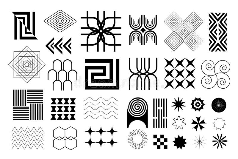 Brutalistyczne kształty geometryczne kształtowane w płaskim projekcie graficznym. Kolekcja izolowanych elementów abstrakcyjnych cz royalty ilustracja