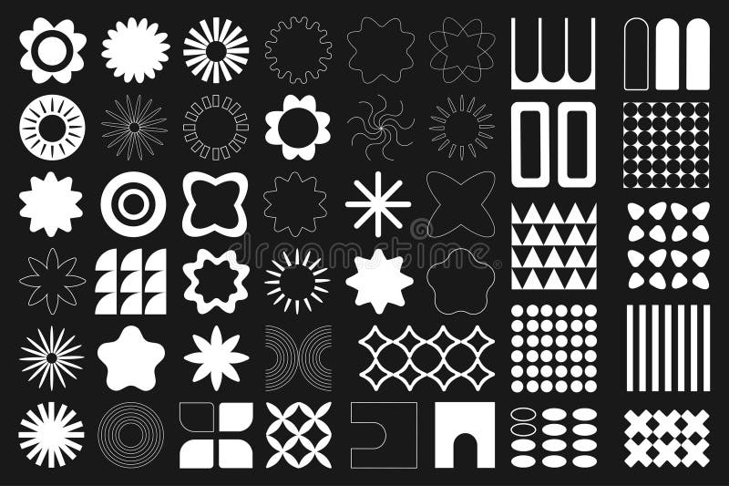 Brutalistyczne kształty geometryczne mega komplet elementów w płaskim projekcie graficznym. Pakiety symboli prostoty z kwiatami royalty ilustracja