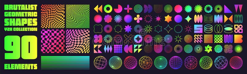 Brutalistyczne kształty geometryczne nowych symboli współczesnych. Groovy Checkered, siatka zniekształcona na płytkach. Formularze ilustracji