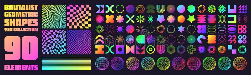 Brutalistyczne kształty geometryczne nowych symboli współczesnych. Groovy Checkered, siatka zniekształcona na płytkach. Formularze ilustracja wektor