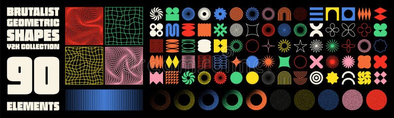 Brutalistyczne kształty geometryczne współczesnych symboli. groovy checkered, zniekształcona siatka klinowa. formularze elementów ilustracja wektor