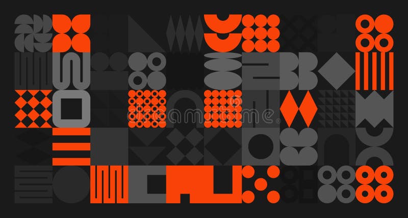 Brutalistyczne symbole geometryczne szarych i pomarańczowych kształtów. proste elementy i formy pierwotne. modny projekt retro royalty ilustracja