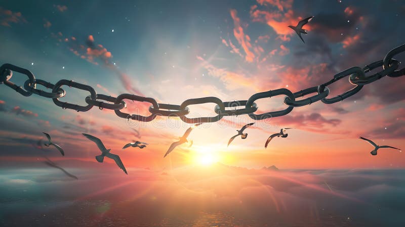 An AI-generated image of a chain breaking at dawn, symbolizing letting go and new opportunities. AI. An AI-generated image of a chain breaking at dawn, symbolizing letting go and new opportunities. AI