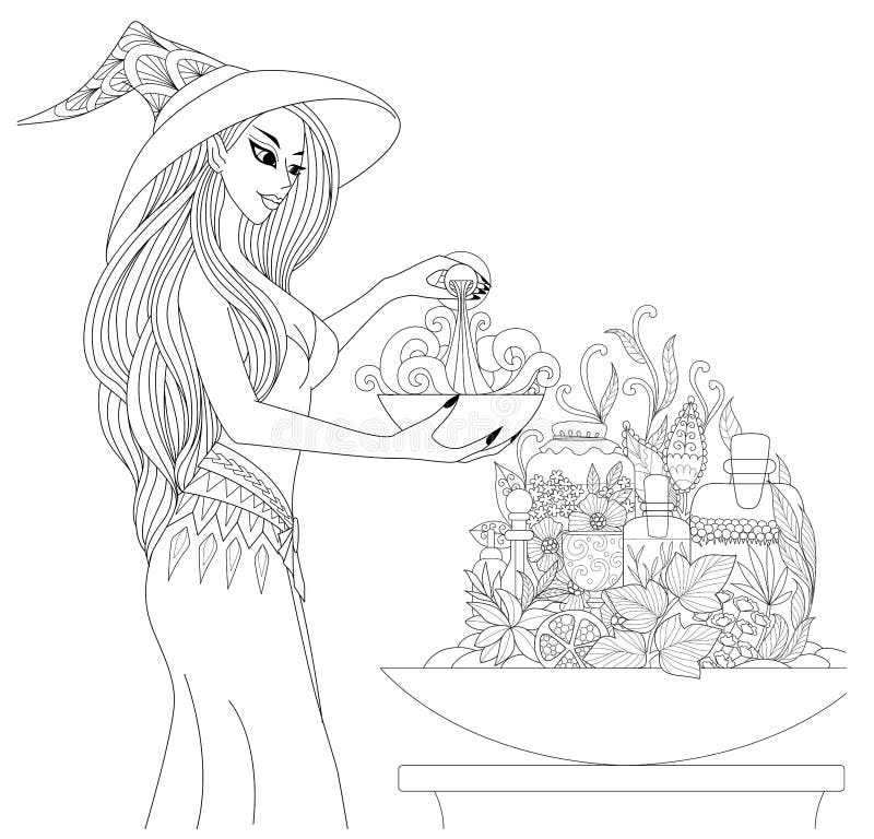 Bruxa bonita que prepara uma poção com garrafas e ervas do farmacêutico para o tema de Dia das Bruxas Projeto das páginas do livr ilustração royalty free Bruxa bonita que prepara uma poção com garrafas e ervas do farmacêutico para o tema de Dia das Bruxas Projeto das páginas do livr ilustração royalty free