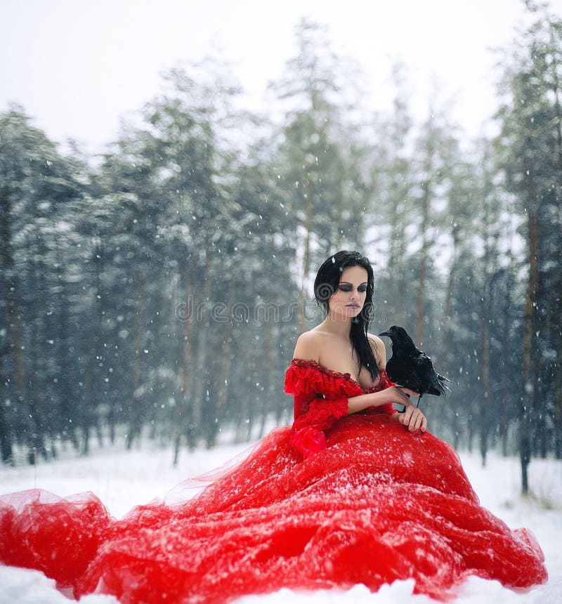 A bruxa da mulher no vestido vermelho com o corvo em sua mão senta-se na neve dentro fotos de stock royalty free A bruxa da mulher no vestido vermelho com o corvo em sua mão senta-se na neve dentro fotos de stock royalty free