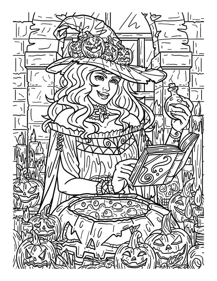 Uma bruxa bonita e o seu caldeirão - Dia das Bruxas - Coloring Pages for  Adults