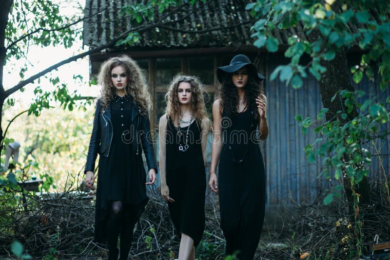 A bruxa de três vintages vai ao Sabbat fotos de stock A bruxa de três vintages vai ao Sabbat fotos de stock