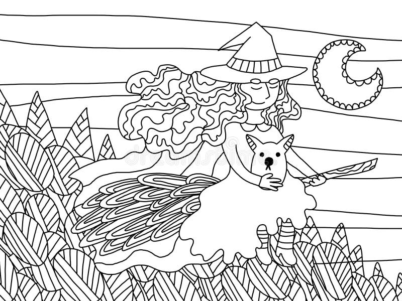 Bruxa bonita numa vassoura - Dia das Bruxas - Coloring Pages for Adults