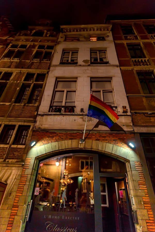 BRUXELLES, BELGIO - CIRCA GIUGNO 2014: Bandiera di LGBT sulla parete della costruzione immagini stock libere da diritti BRUXELLES, BELGIO - CIRCA GIUGNO 2014: Bandiera di LGBT sulla parete della costruzione immagini stock libere da diritti
