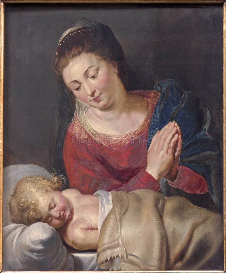 BRUSSELS, BELGIUM - JUNE 15, 2014: The Madonna and sleeping little Jesus Maria pacis - Mary of peace (1716) by unknown painter in st. Nicholas church as on the epitaph of pastor P. H. Ausloos. BRUSSELS, BELGIUM - JUNE 15, 2014: The Madonna and sleeping little Jesus Maria pacis - Mary of peace (1716) by unknown painter in st. Nicholas church as on the epitaph of pastor P. H. Ausloos.