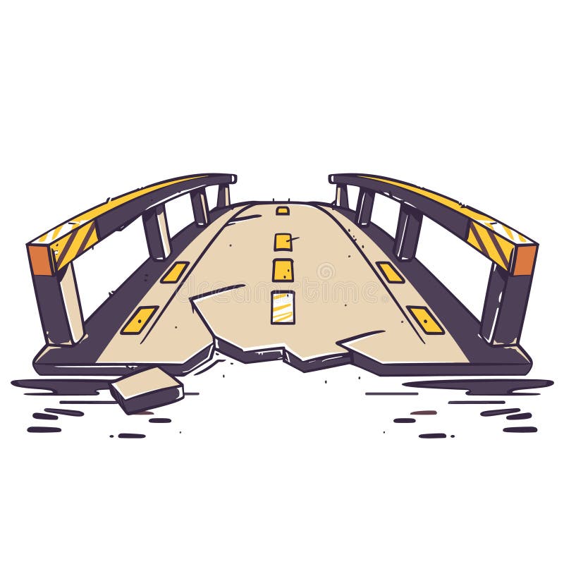 Brygg teckningsillustration av kollapsande strukturkris. skadad väginfrastruktur stock illustrationer