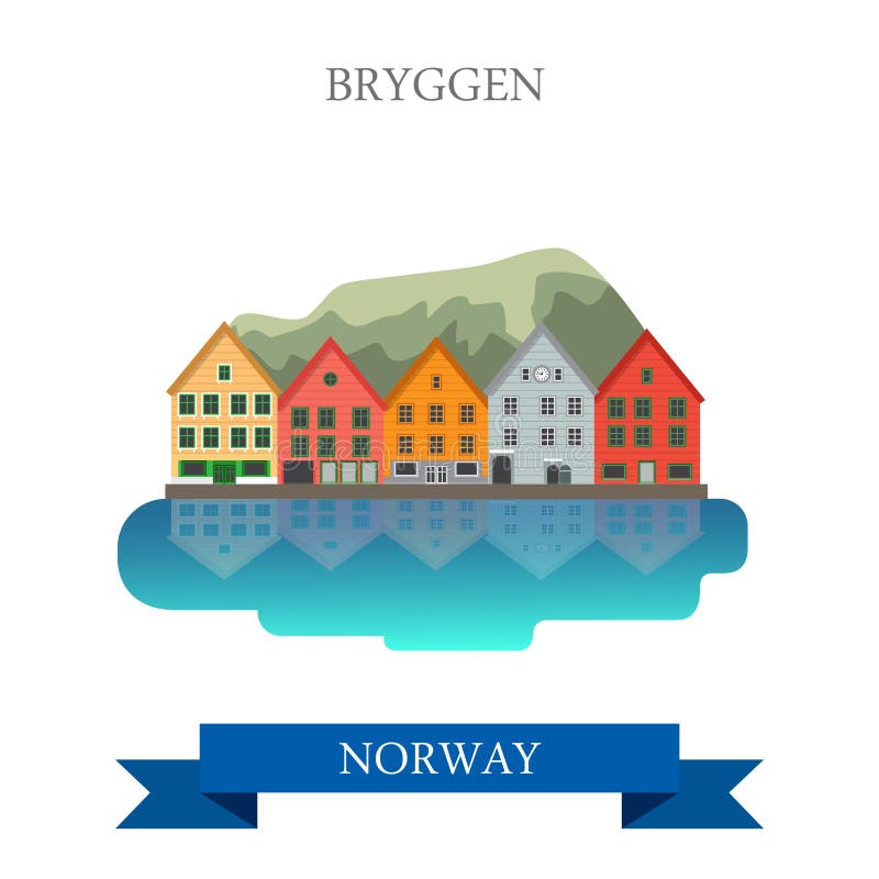 Bryggen en señal plana histórica de la vista de la atracción del vector de Noruega stock de ilustración Bryggen en señal plana histórica de la vista de la atracción del vector de Noruega stock de ilustración