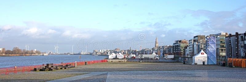 Antwerp, Belgium on Januari 1, 2024: Schelde River Waterfront on new years day. Antwerp, Belgium on Januari 1, 2024: Schelde River Waterfront on new years day