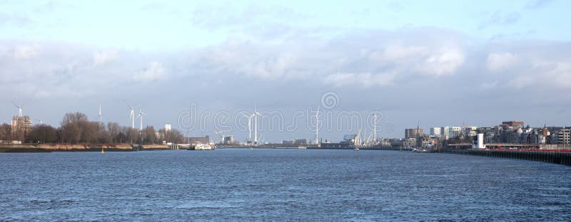 Antwerp, Belgium on Januari 1, 2024: Schelde River Waterfront on new years day. Antwerp, Belgium on Januari 1, 2024: Schelde River Waterfront on new years day