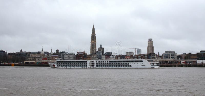 Antwerp, Belgium on Januari 1, 2024: Schelde River Waterfront on new years day. Antwerp, Belgium on Januari 1, 2024: Schelde River Waterfront on new years day