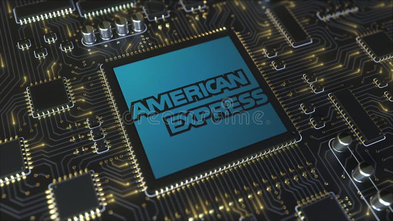 Bräde för utskrivaven strömkrets för dator eller PCB med American Express företagslogo Begreppsmässig tolkning för ledare 3D stock illustrationer Bräde för utskrivaven strömkrets för dator eller PCB med American Express företagslogo Begreppsmässig tolkning för ledare 3D stock illustrationer