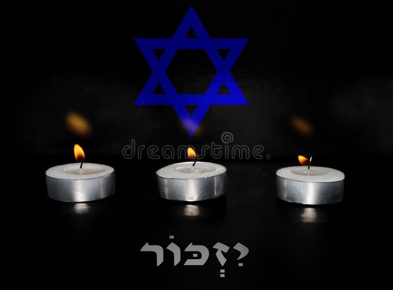 Burning candles with background blurred Jewish star Magen David and blurred Hebrew text translation - I will remember. Image for Israel Memorial Day for Fallen Soldiers and Victims of Hostile Acts. Burning candles with background blurred Jewish star Magen David and blurred Hebrew text translation - I will remember. Image for Israel Memorial Day for Fallen Soldiers and Victims of Hostile Acts