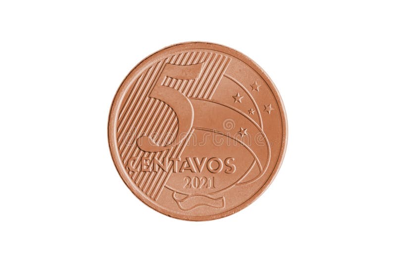 Brazilian `5 centavos de Real` 2021 coin reverse on white background - high magnification 5 cents. Brazilian `5 centavos de Real` 2021 coin reverse on white background - high magnification 5 cents