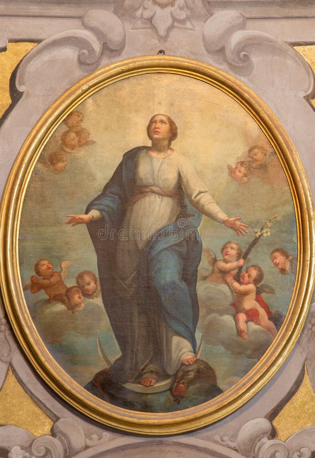 BRÍXIA, ITÁLIA - 21 DE MAIO DE 2016: A pintura da concepção imaculada em di Santa Maria della Carita de Chiesa da igreja fotos de stock royalty free BRÍXIA, ITÁLIA - 21 DE MAIO DE 2016: A pintura da concepção imaculada em di Santa Maria della Carita de Chiesa da igreja fotos de stock royalty free